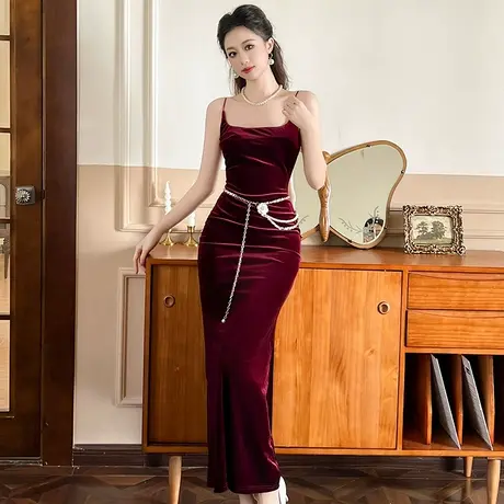 酒红色敬酒服高定宴会晚礼服长款性感轻奢内搭打底吊带丝绒连衣裙商品大图