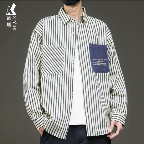 希越复古条纹衬衫男2024春季新款日系宽松休闲男士翻领衬衣外套潮商品大图