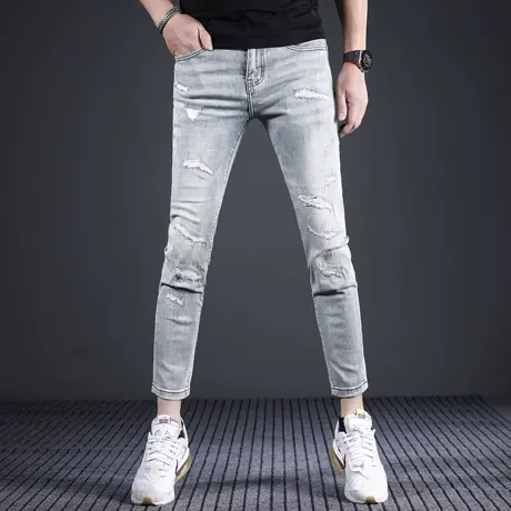 浅蓝色破洞补丁牛仔裤男款修身小脚夏季薄款2024新款痞帅男生裤子商品大图