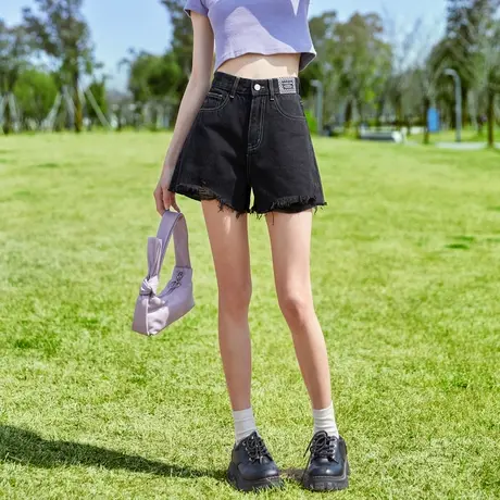 唐狮春夏季牛仔短裤女a字显瘦休闲高腰辣妹宽松破洞毛边小个子图片