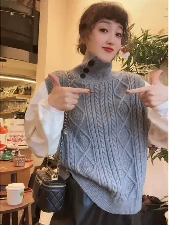 欧洲站时尚纽扣高领拼接衬衣长袖套头针织衫女洋气百搭上衣ins潮商品大图