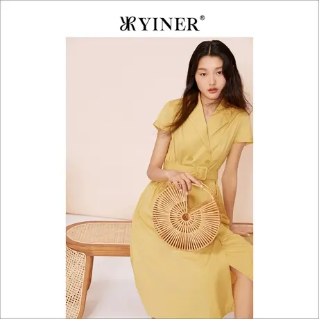 YINER音儿女装夏季法式优雅柠檬黄西装领连衣裙商品大图