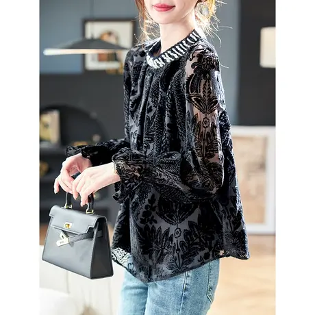 宝诗黎钉珠拼接丝绒雪纺衫2024新款气质提花春季宽松百搭短上衣女商品大图