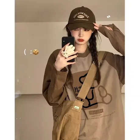 纯棉插肩袖长袖t恤女秋季小众设计感拼色美式复古打底衫宽松上衣图片