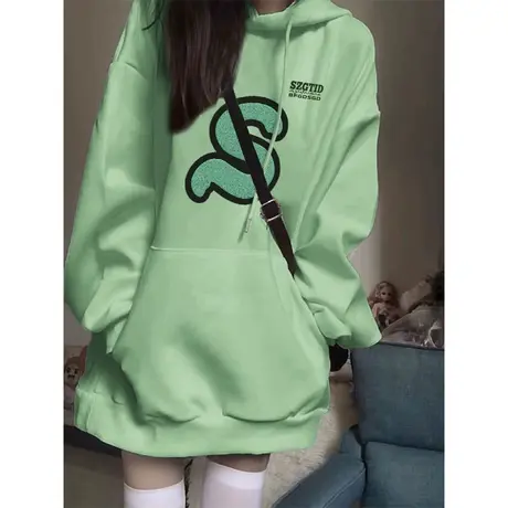 抹茶绿连帽卫衣女秋冬加绒加厚大码宽松慵懒风潮牌hiphop美式外套商品大图