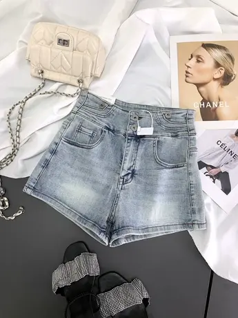 两粒扣水洗磨白牛仔短裤女2024春夏新款显瘦百搭高腰弹力辣妹热裤商品大图