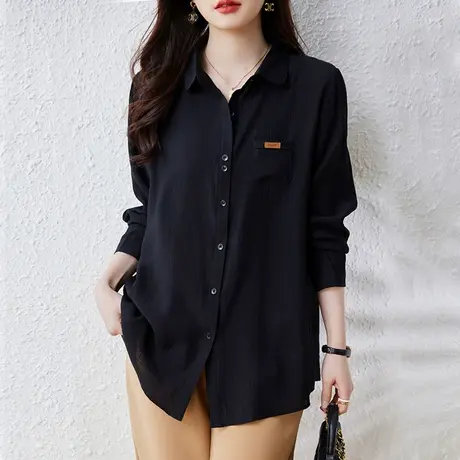 长袖衬衫女春秋新款加肥加大码女装宽松中长款遮肚子百搭休闲上衣图片
