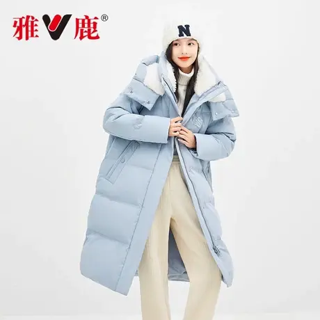 【主播专属】雅鹿羽绒服女2024新款中长款蓝色时尚羊羔毛拼接外套图片