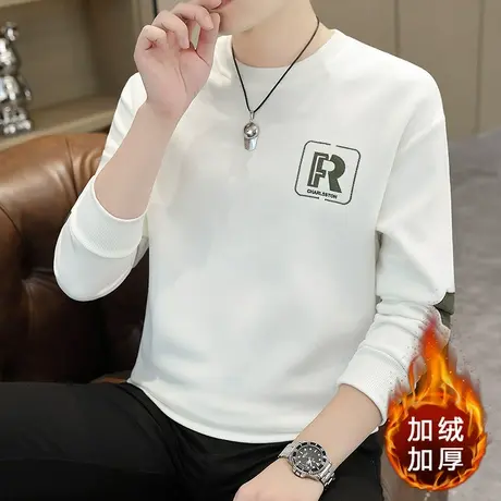 加绒加厚圆领长袖卫衣男士t恤秋冬季刺绣休闲百搭潮流保暖打底衫商品大图