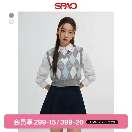 SPAO韩国同款2024年春季新款女士短款菱形V领毛衣马甲SPKVE12G61图片