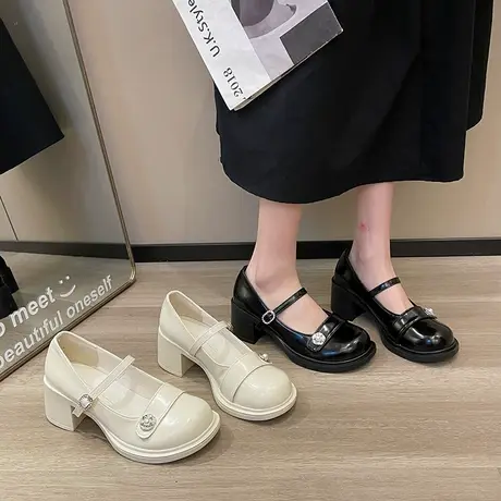 英伦风玛丽珍鞋女2024春夏季新款复古百搭浅口单鞋法式粗跟小皮鞋商品大图