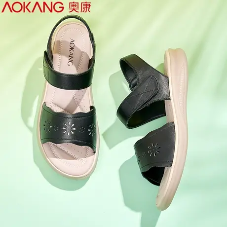 奥康女凉鞋夏季新款防滑软底真皮舒适中老年坡跟妈妈鞋平底商品大图