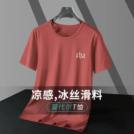 莫代尔冰丝t恤男士短袖夏季潮流圆领上衣服透气速干凉感半袖体恤商品大图