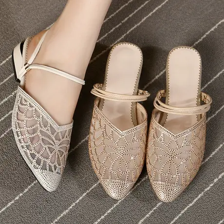 时尚镂空网纱大码拖鞋女41一43平底水钻软底2023新款夏季包头凉拖商品大图