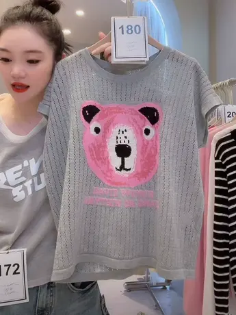 卡通小熊印花短袖t恤女2023夏季新款设计感体恤百搭港味chic上衣商品大图