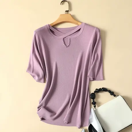春夏2023年新款中袖冰丝针织打底衫女薄款内搭五分袖上衣短袖t恤商品大图