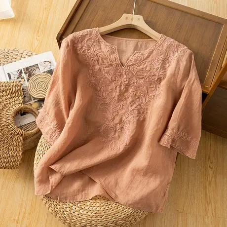 享永子中袖苎麻刺绣上衣夏宽松文艺复古棉麻小衫休闲百搭2023新款商品大图