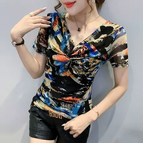 女装2023新款潮时尚印花T恤女短袖夏性感V领交叉上衣洋气显瘦小衫商品大图
