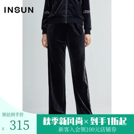 恩裳春秋季女装经典丝绒阔腿裤时尚条纹垂感宽松直筒休闲裤图片