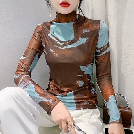 欧货复古网纱T恤女长袖气质减龄半高领上衣ins洋气修身透气打底衫商品大图