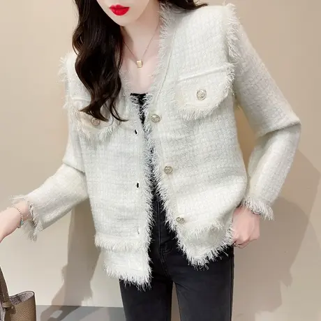 水貂绒毛衣外套秋装新款小香风开衫女外搭洋气爆款2023宽松千鸟格商品大图