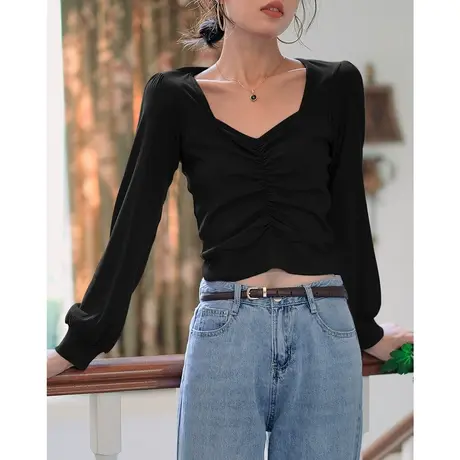 弥古法式方领掐腰上衣女秋季短款长袖t恤小众设计感打底内搭秋装商品大图