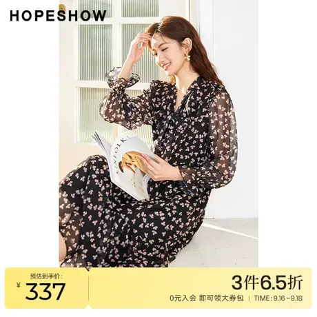 红袖outlets灯笼袖碎花裙hopeshow2023春季新款女装飘带领连衣裙图片