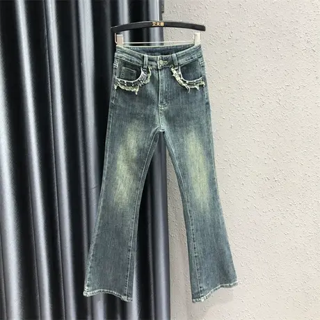 欧货2023秋季新款复古怀旧弹力修身显瘦阔腿拖地裤微喇叭牛仔裤女商品大图