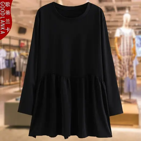 四五十岁胖妈妈春秋长袖上衣洋气时尚特大码250斤黑色拼接娃娃衫图片