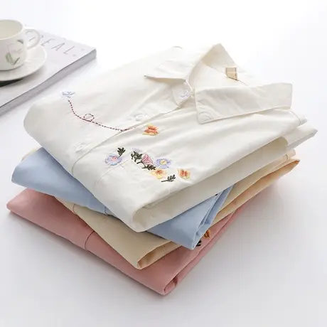 复古文艺小清新蝴蝶刺绣全棉白色衬衫女春季新款休闲简约打底衬衣商品大图