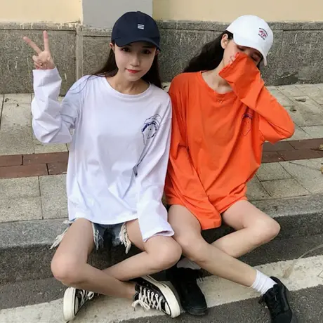 ulzzang原宿风bf怪味少女外穿长袖t恤春秋季韩版宽松学生上衣服潮商品大图