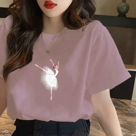 纯棉短袖t恤女装夏季2023年新款潮韩版宽松休闲洋气跳舞女孩上衣商品大图