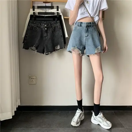 春夏款牛仔裤女士2023年新款韩版破洞高腰显瘦宽松阔腿a字短裤子商品大图