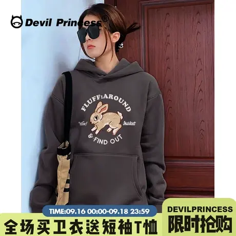 vintage古着感宽松卡通印花深灰色卫衣女学院风减龄百搭帽衫上衣图片