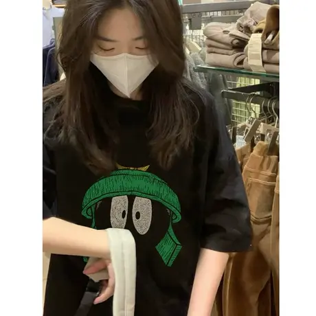 纯棉夏季黑色短袖t恤女2023新款宽松圆领小个子美式复古正肩上衣图片