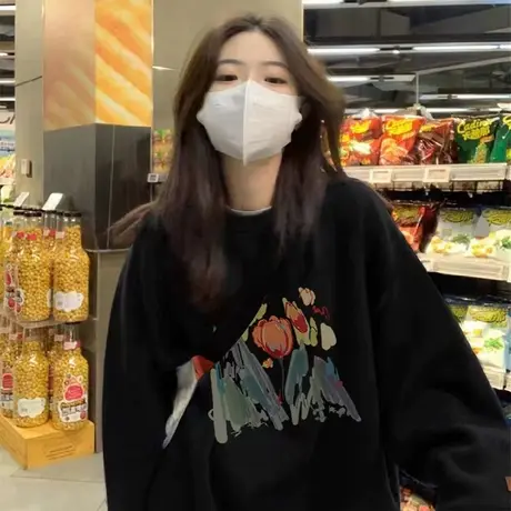 高级感好看卫衣女oversize小众高街潮牌ins落肩秋冬宽松圆领上衣图片