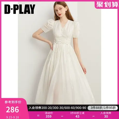 DPLAY2023夏新中式奶油杏仿真丝V领羊腿袖抽褶短袖国风连衣裙图片
