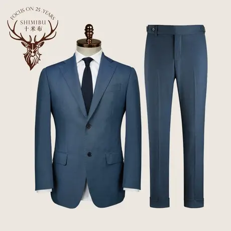 十米布成熟绅士平驳领羊毛藏青色西服套装男英伦商务修身婚礼西装商品大图