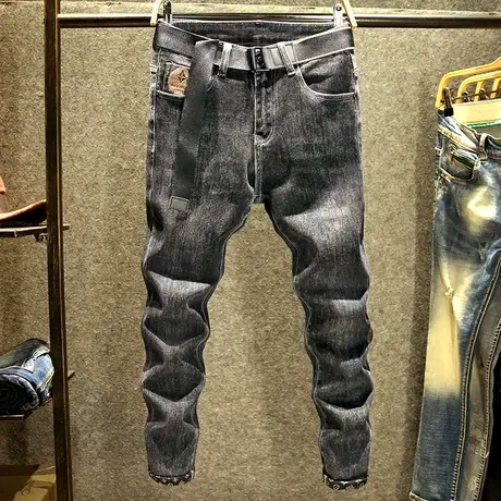 春秋季黑色男士牛仔裤潮牌修身小脚裤休闲韩版弹力高街长裤子厚款商品大图