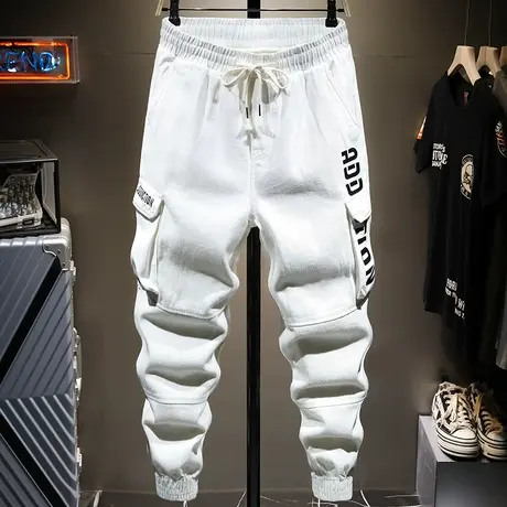 夏季薄款白色潮牌工装裤男宽松束脚百搭男士休闲牛仔裤男多口袋款商品大图