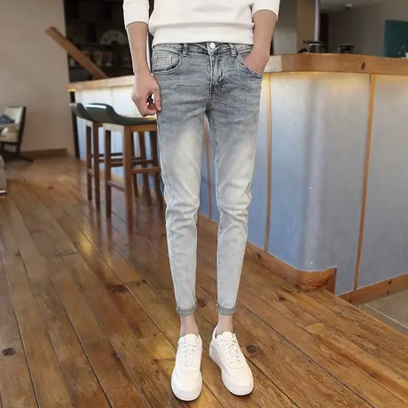 2023春夏新款个性撞色磨白牛仔裤男韩版修身小脚裤青年潮牌铅笔裤图片
