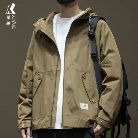 希越卡其色户外连帽冲锋衣男宽松大码秋季潮牌百搭无性别夹克外套商品大图