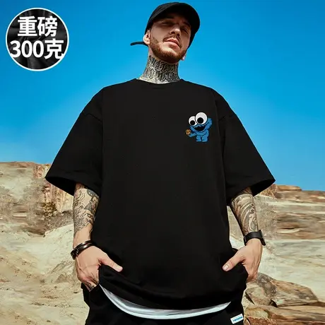 300g美式重磅简约短袖100%纯棉宽松大码男生胖子黑色半袖体恤T恤商品大图