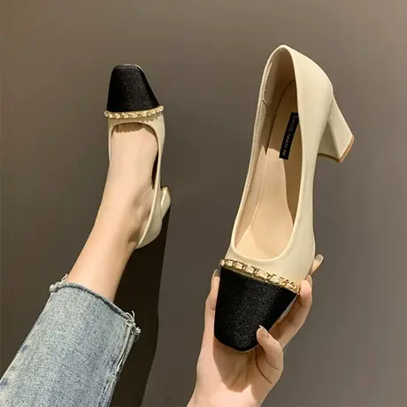 小众高跟鞋女2021年新款秋冬浅口方头小香风拼色仙女粗跟职业单鞋商品大图