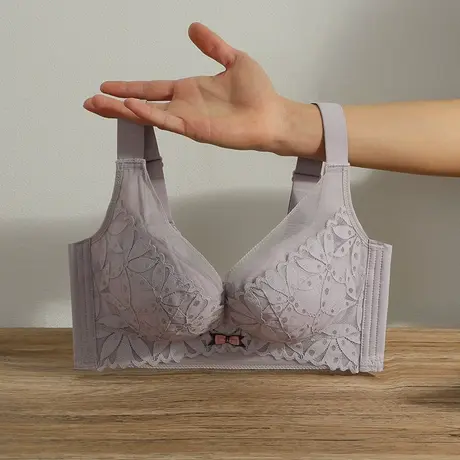 大码胸罩无钢圈收副乳调整型内衣女无磁防下垂大胸显小文胸薄款黑图片