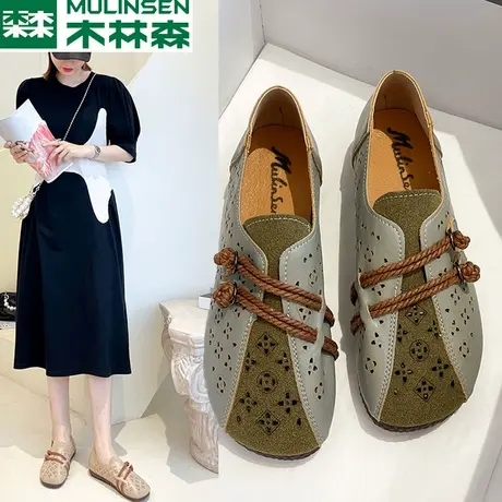 木林森鞋子女2023新款秋季透气镂空复古平底鞋软底防滑休闲小皮鞋图片