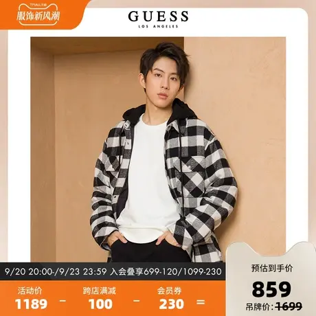 GUESS秋季新款男士复古保暖时尚潮流ins休闲格子连帽棉服外套上衣商品大图