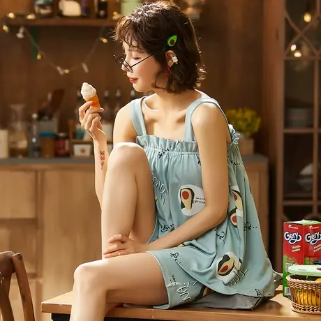 南极人带胸垫睡衣女士春秋夏季纯棉短袖薄款家居服套装2023年新款商品大图