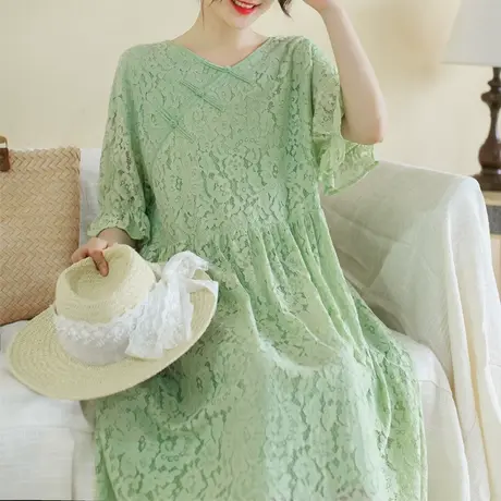 云子胖妹妹气质蕾丝旗袍盘扣连衣裙 加大码夏季2023复古蕾丝长裙商品大图
