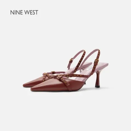 【商场同款】Nine West/玖熙高跟鞋女配裙子细跟尖头红色绑带凉鞋图片